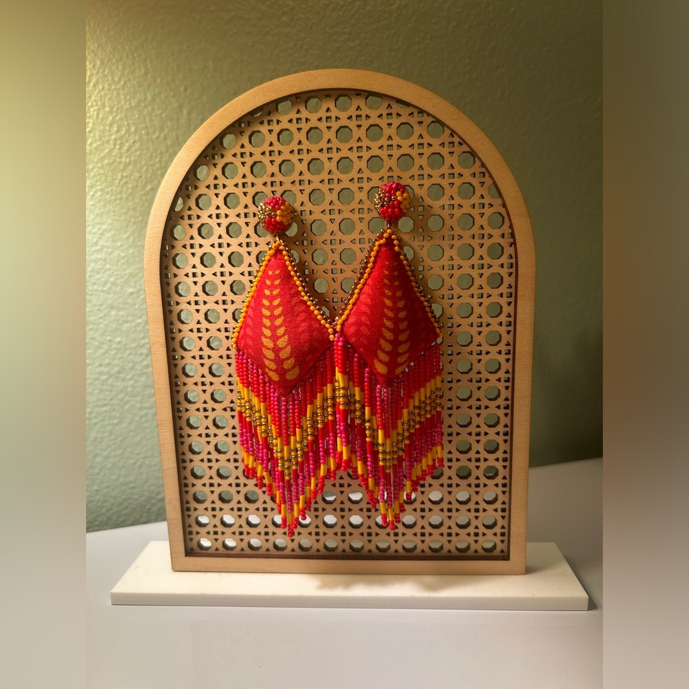 Fabric Red, Pink, & Yellow Beaded Earrings